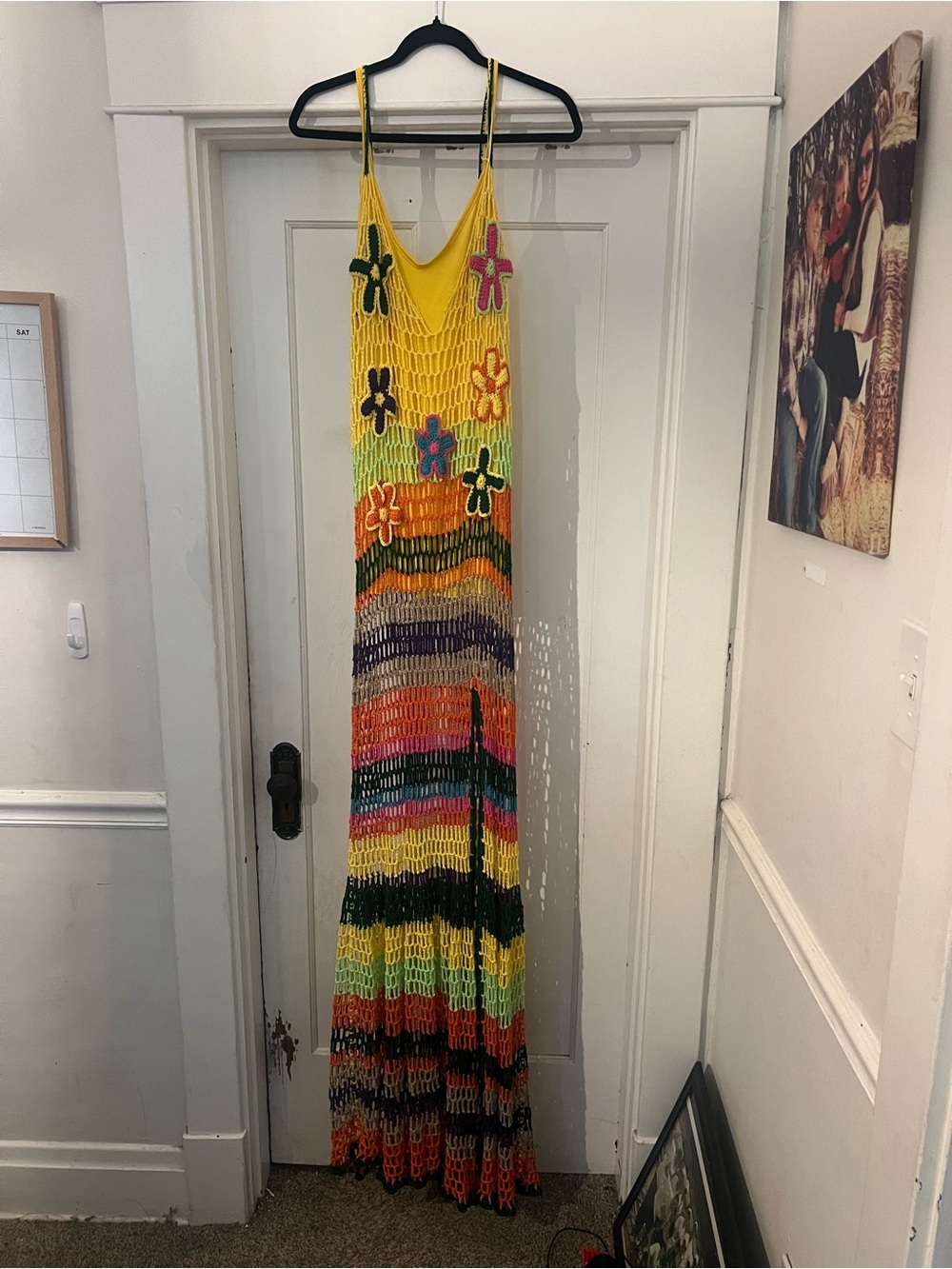 Fashion Nova Yellow Multicolor Crochet Maxi Dress with Floral Appliqués